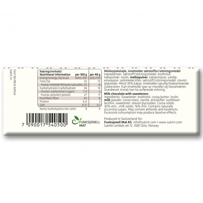 Sukrin Melkesjokolade 40g DATOVARE